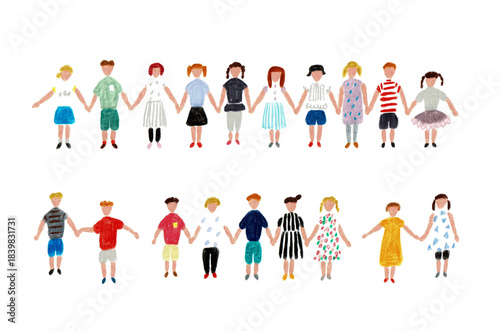  手描きイラスト　手をつなぐたくさんの女の子と男の子たち