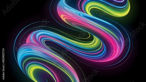 Vibrant neon light stream flows dynamically across a deep black background creating an abstract energetic visual wave perfect for modern digital art backgrounds