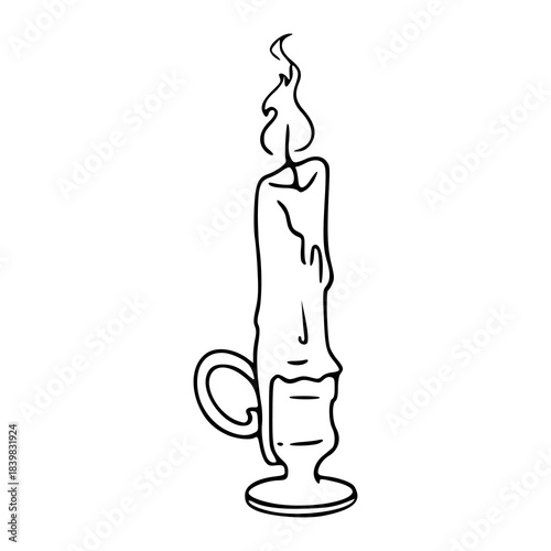 lit candle in a vintage candlestick outline drawing