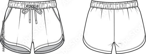 Running shorts technical flat front and back view with waistband and drawstring detail, sporty activewear design, cad drawing flat vector illustration