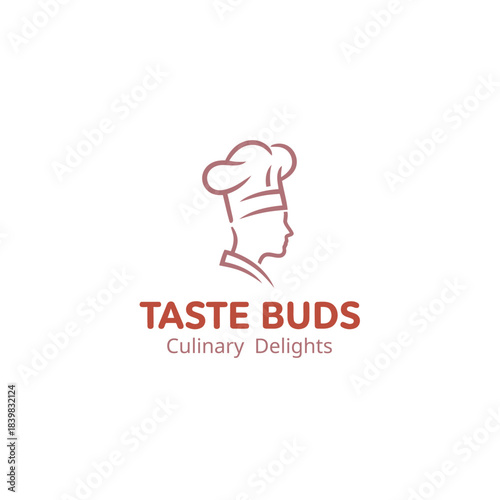 Taste Buds Culinary Delights Logo Featuring Profile of Chef in Hat Minimal Line Art