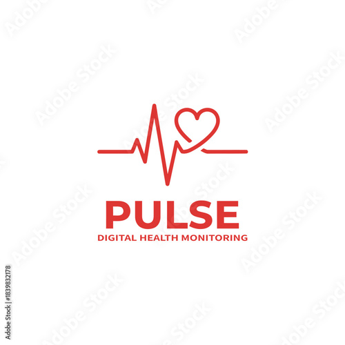 Pulse Digital Health Monitoring Logo with Red Heartbeat and Heart Symbol Line Art Design