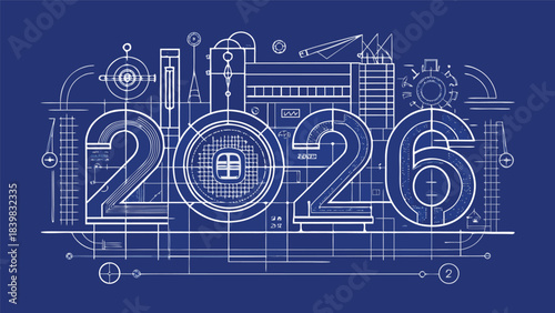 Ultra Modern Blueprint Style 2026 Banner with Technical Lines, Engineering Grid, and Futuristic Vector Illustration Design