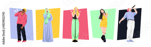 Set of cartoon male and female singer performing with microphone. Flat vector illustration.
