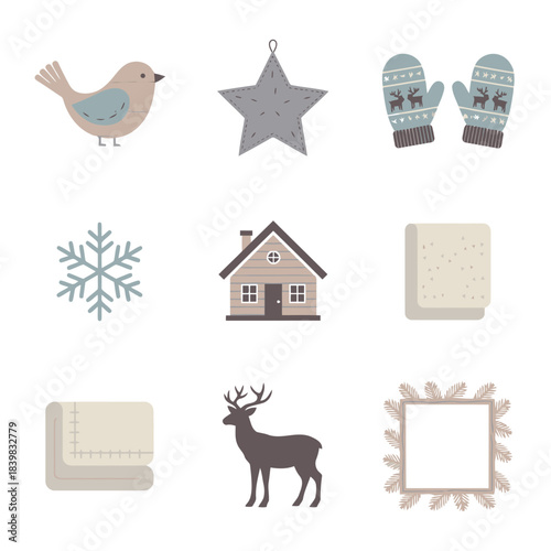 Cute Nordic Winter Holiday Icons with Bird Mittens Star Cabin and Reindeer