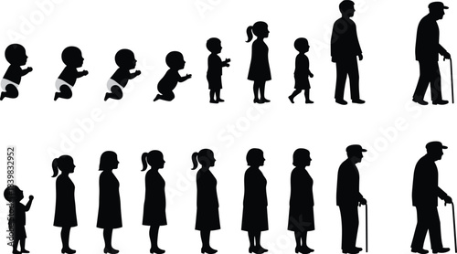 Human life stages from baby to old age showing growth and aging process in male and female, cad drawing flat vector illustration