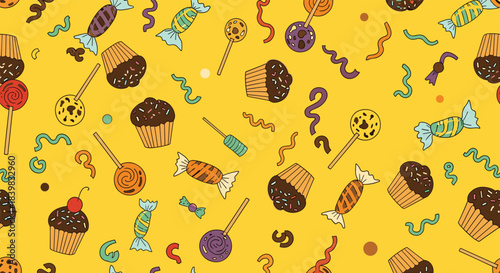 Seamless pattern of sweet treats like cupcakes, lollipops, and wrapped candies scattered on a vibrant yellow background.