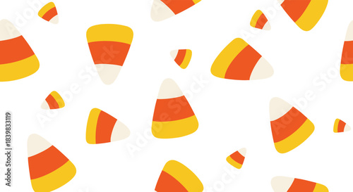 Seamless pattern of scattered candy corn in classic white, orange, and yellow on a clean white background, perfect for fall and Halloween designs.