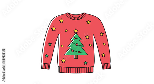 Festive red Christmas sweater illustration with a green decorated tree, a star, and scattered yellow and green stars for holiday season designs.