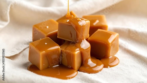 Delicious Caramel Cubes with Pouring Caramel Sauce
