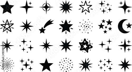 Star and sparkle silhouette icon set. Shining twinkle, magic glowing light effect, shooting comet, and night sky moon symbols for holiday decoration and design element vector collection.
