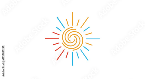 A stylized sun logo featuring a central orange spiral surrounded by multi-colored rays in red, orange, and blue on a white background.