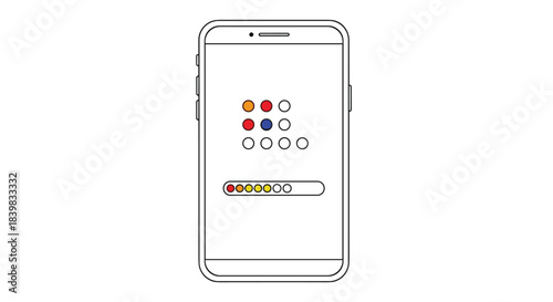 Mobile phone displaying a loading screen with a colorful circle pattern and a progress bar indicator.