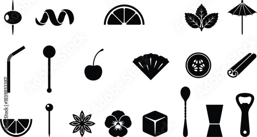 Cocktail garnish and bartender tool silhouette icon set. Drink decoration symbols including lemon slice, mint leaf, ice cube, cherry, and olive with jigger and spoon for alcohol bar menu vector kit.
