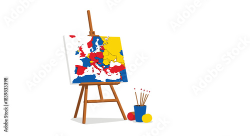 Colorful map of Europe being painted on an easel, depicting countries in red, blue, and yellow hues, with art supplies.