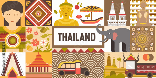 Colorful thailand themed illustrations showcasing culture landmarks and traditional motifs