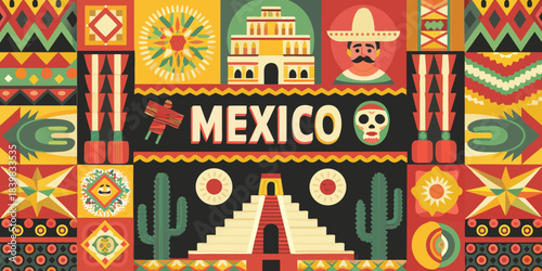 A vibrant geometric illustration celebrating mexican culture and traditional symbols