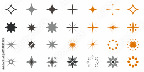 Collection of various star and sparkle shaped icons in grayscale and orange