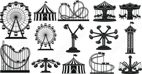 Black silhouettes of amusement park rides and attractions on a white background ferris wheel