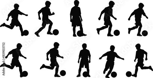 Collection of boy soccer player silhouettes kicking and dribbling a ball football child