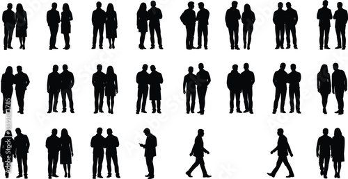 Collection of people in silhouette standing and walking in various poses on white background Keywords: silhouette, people, group
