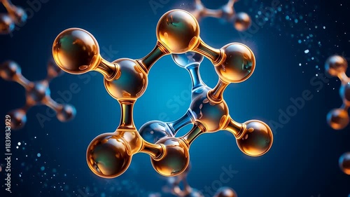 Glossy blue and orange molecules colliding and fusing in a cinematic 3D animation, illustrating chemical bonding and scientific innovation.