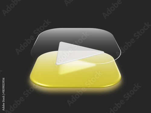 Minimalist 3D Play icon with layered translucent glass discs, soft glow effects, and modern white interface design on a neutral background — elegant futuristic UI element illustration