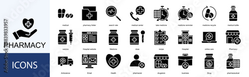 Pharmacy icon collection set. Containing medical, pharmacy folder, search rate, medical center, take medicine, medicine icon