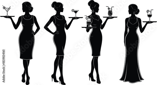 Elegant Silhouettes Of Waitresses Serving Cocktails On Trays In Formal Attire woman female