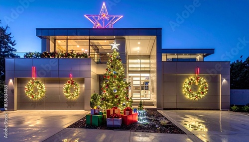Festive Modern Home Decorated For The Holiday Season With Illuminated Wreaths Christmas Tree and Star Topper Against Twilight Sky