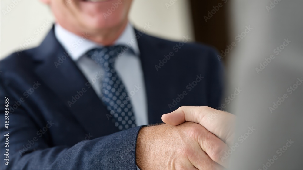 Fototapeta premium A professional handshake between two individuals, conveying trust and formal elegance. pitch deck slides, case study pages, designed for brand storytelling and e-commerce strategy.