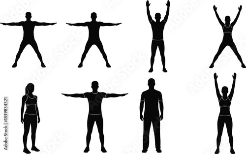 Fitness Exercise Silhouettes Of People Performing Various Movements vector illustration