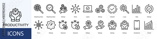 Productivity icon collection set. Containing Share, Laptop, Settings, Checked, Loupe, Stats icon