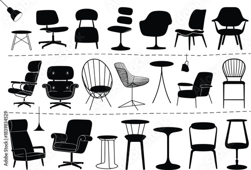 Modern chair vector collection, stylish seating silhouettes, black furniture clipart, interior design elements, office, lounge, minimalist home decor icons