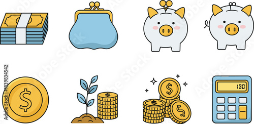 Money wallet, piggy bank, coins, calculator, financial growth, investment saving, finance icon set, economic management, cartoon illustration, budget planning, wealth accumulation vector concept