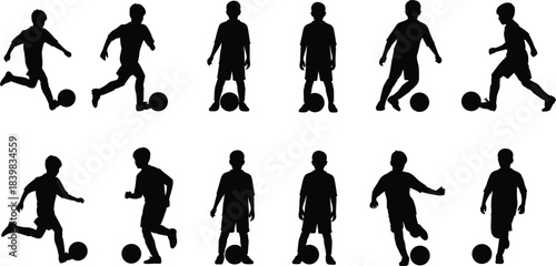 Silhouette of young boys playing soccer in various action poses with a ball child football