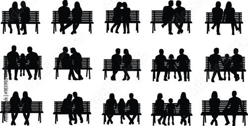 Silhouettes of couples and families sitting on park benches in various arrangements family people