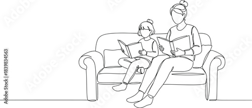Mother reading with daughter, family bonding sketch, minimal line drawing, education at home, parenting time, quiet moment, sofa scene, learning together, peaceful, love, connection