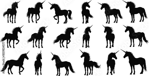 Mythical unicorn silhouettes collection, elegant magical horse vector, fantasy creature with horn, black design for fairy tale art illustrations