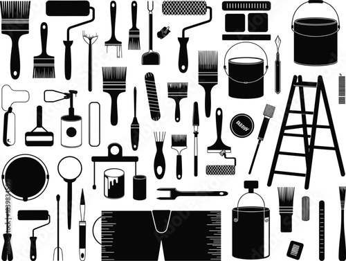 Painting tools set, brushes, rollers, paint buckets, ladder, renovation equipment, construction supplies, home improvement, black silhouette icons