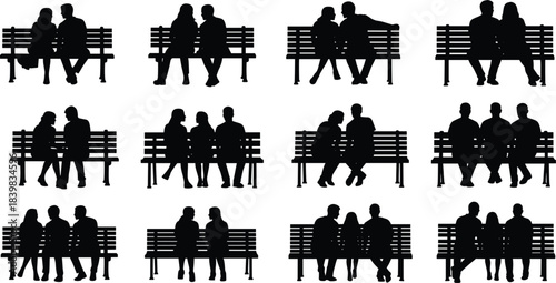 Silhouettes of couples sitting on park benches in various intimate and conversational poses people