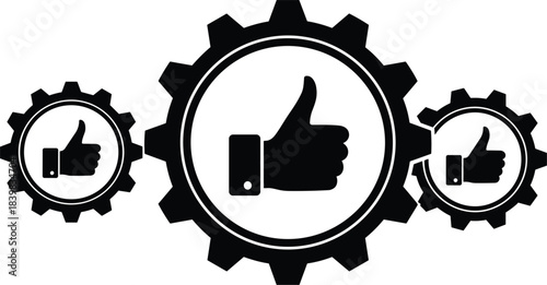 Three interlocking gears with thumbs up icons in black and white on white background Keywords: gears, cogwheels, interlocking