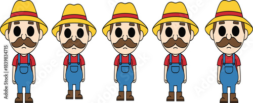 Sad cartoon farmer, mustache man, yellow hat, blue overalls, farming character, unhappy farmer illustration, agriculture worker, rural life, farm clipart, vector art, isolated white background