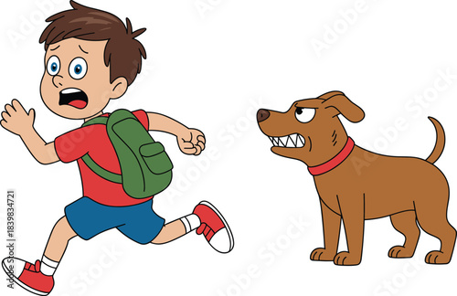 Scared cartoon boy running away from angry dog, dangerous animal chase scene, child fleeing, funny educational illustration for kids