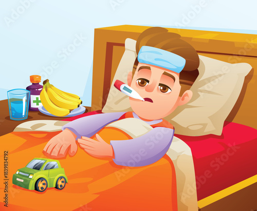 Young boy resting in bed, isolated by sickness, with a fever, thermometer in mouth and cold compress on forehead. Vector cartoon illustration