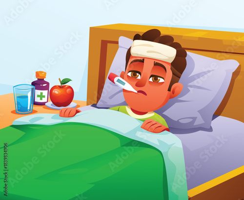 Sick little boy lying down, looking unwell while using a cooling pad and a thermometer in mouth. Vector cartoon illustration