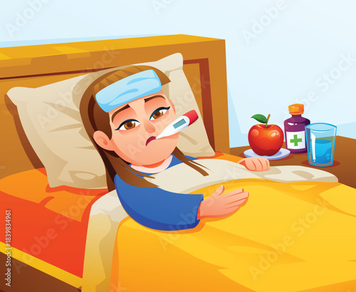 Young girl resting in bed, isolated by sickness, with a fever, thermometer in mouth and cold compress on forehead. Vector cartoon illustration