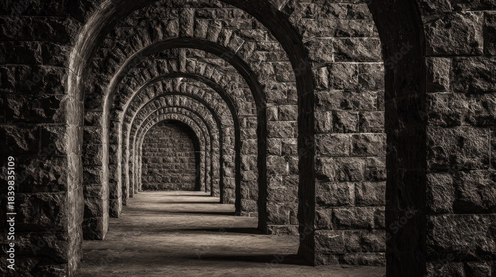 Obraz premium Geometric pattern of receding stone arches vanishing into darkness. real-estate listings, architecture portfolios, designed for real-estate listing and luxury residence showcases.