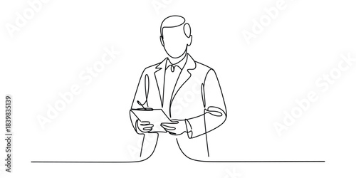 One line drawing of a doctor or professional writing on a clipboard or tablet