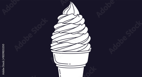 A simple and elegant white line art illustration of a delicious soft-serve ice cream cone, standing out against a dark purple background, symbolizing a refreshing summer treat.